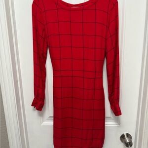 A New Day Red Plaid Long Sleeve Dress w Tie in Back and Pockets (13-4)